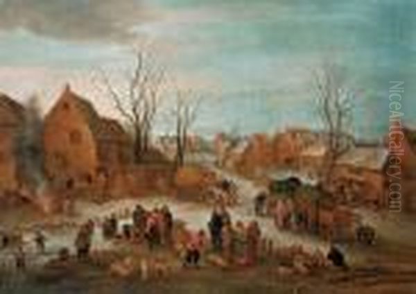 Winterliche Dorflandschaft Mit Einem Viehmarkt. - view 1