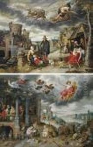 Saturn Eating One Of His
Children, With The Children Of The Planet Saturn Below; And Mercury,
With The Children Of The Planet Mercury Below by Jan Brueghel the Younger