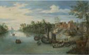 A River Landscape With Boats Moored By A Village by Jan Brueghel the Younger