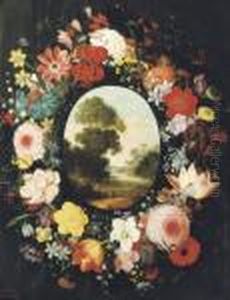 A Wreath Of Roses, Tulips,
Jasmine And Other Flowers Surrounding An Oval Depicting A Landscape by Jan Brueghel the Younger