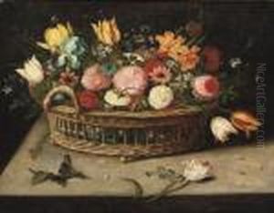 Roses, Peonies, Tulips,
Narcissi, Carnations, Poppies And Other Flowers In A Basket, On A Stone
Ledge by Jan Brueghel the Younger