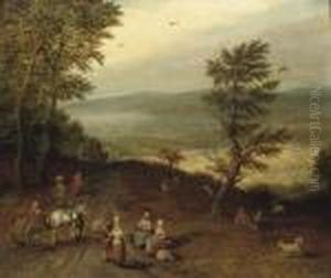 An Extensive Wooded Landscape
With Peasants On A Track, A Resting Shepherd And His Flock Nearby by Jan Brueghel the Younger