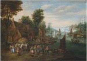 A River Landscape With Fisherman Unloading Their Catch Near A Village A River Landscape With Fisherman Unloading Their Catch Near A Village