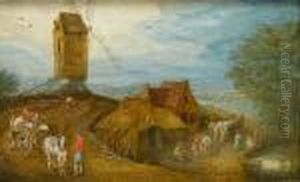 Figures Loading Sacks Onto A Cart Before A Windmill, A Village Beyond