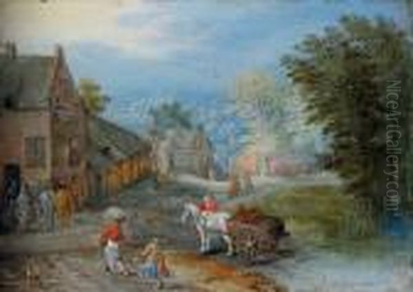 A Village Street With Figures
Leading A Horse And Cart, An Extensive Wooded Landscape Beyond - view 1