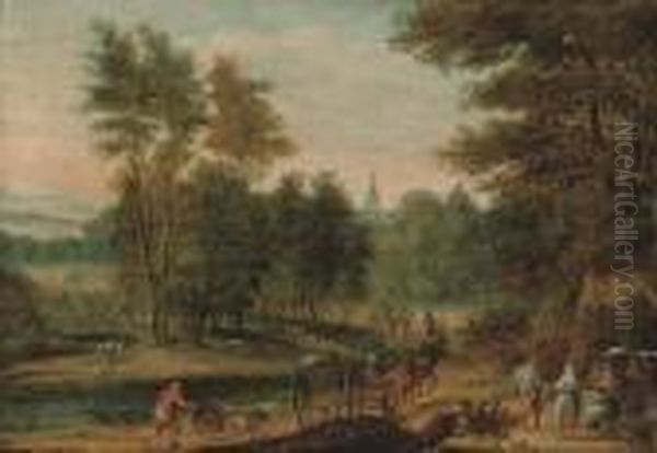 A Wooded River Landscape With Travellers On A Track, A Church Beyond - view 1