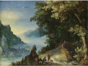 A Mountainous River Landscape With Travellers On A Hill Overlooking A Distant Town by Jan Brueghel the Younger
