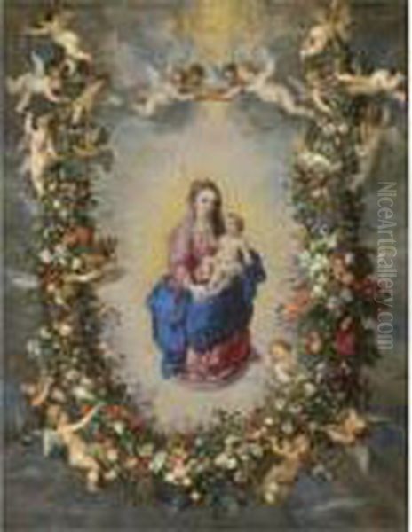 The Virgin And Child Encircled By A Garland Of Flowers Held Aloft By Cherubs - view 1