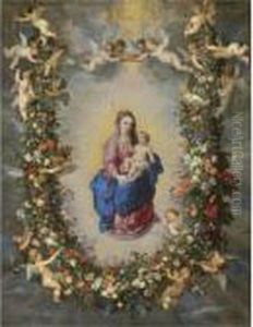 The Virgin And Child Encircled By A Garland Of Flowers Held Aloft By Cherubs