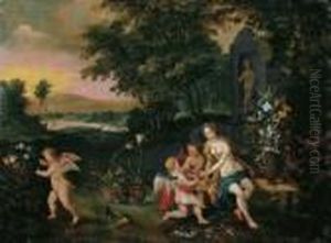 Flora Mit Putten In Einer Parklandschaft. Ol Auf Kupfer. H 40; B 54 Cm. Gutachten K. by Jan Brueghel the Younger
