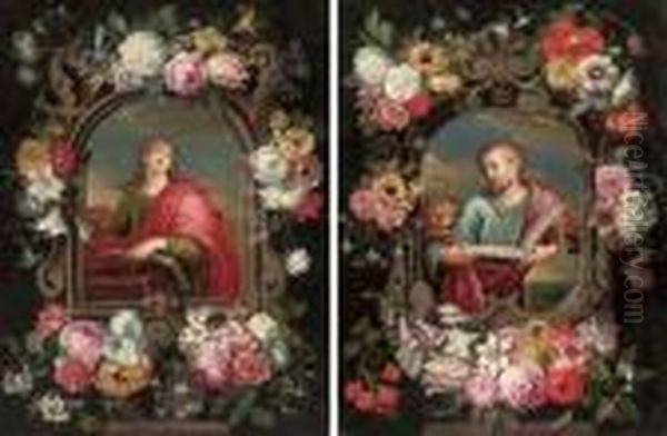 Saint John The Evangelist Within
A Cartouche Decorated With A Tulip, Roses, Carnations, Forget-me-nots
And Other Flowers; And Saint Mark Within A Cartouche Decorated With A
Tulip, Roses, Carnations And Other Flowers - view 1