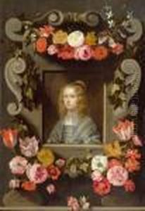 Portrait Of A Girl Within A Stone Cartouche With Floral Garland.