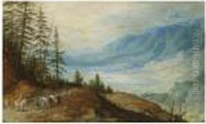 A Mountainous Landscape With
Travellers On A Road In The Foreground, A Large Lake Below And Beyond by Jan Brueghel the Younger
