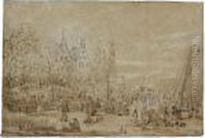 Winter Landscape With Figures On The Ice, A Castle Amongst Trees Behind by Jan Brueghel the Younger