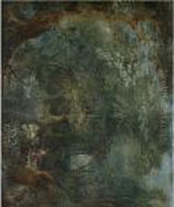 A Wooded Landscape With Two Huntsmen Aand Their Hounds