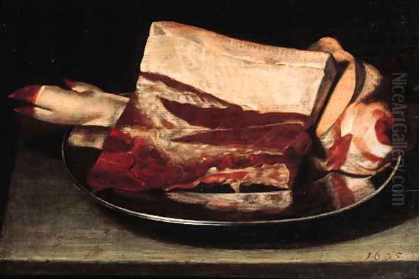 A leg of pork and a slice of meat on a pewter plate on a table - view 1