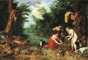 Diana And Her Nymphs Inspecting Their Catch After The Hunt by Jan Brueghel the Younger
