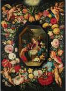 The Adoration Of The Shepherds, Surrounded By A Garland Of Flowers Held Aloft By Putti by Jan Brueghel the Younger