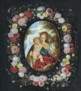 Floral Garland Around A Medallion With Madonna And Child Before A Landscape.
