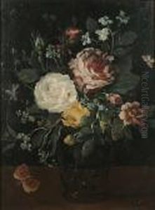 Roses, A Peony With Forget-me-nots And Other Flowers In A Glass Vase by Jan Brueghel the Younger