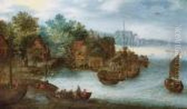 A Riverside Village With Figures In Barges, A View To A Church Beyond - view 1