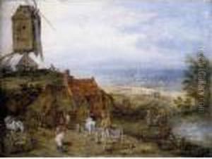 An Open Landscape With Figures,
Horses And Carts Before A Cottage Overlooking A Pond, A Windmill On
Higher Ground To The Left And A Church In The Distance by Jan Brueghel the Younger