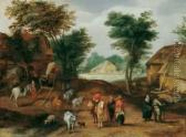 D.j. , Umkreis Dorfstrasse Mit
Figuren- Und Viehstaffage. Verso Alt Bezeichnet: Beschey. Ol Auf Holz. H
25; B 33,5 Cm - view 1