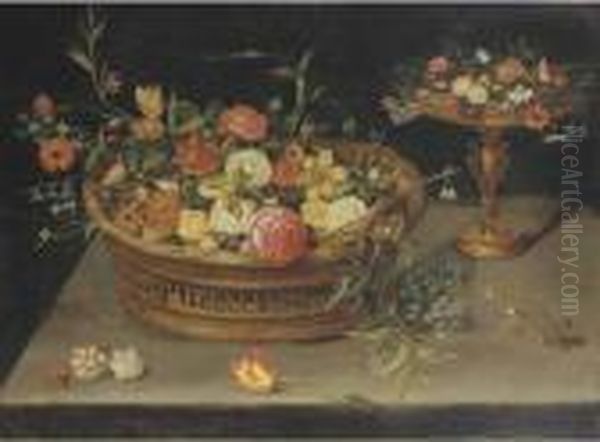 Roses, Peonies, Tulips, Narcissi, Carnations, Poppies And Other Flowers In A Basket - view 1