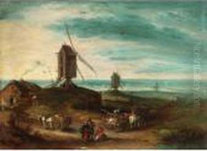A Landscape With Windmills And Travellers by Jan Brueghel the Younger