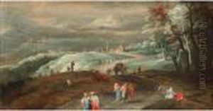 Mountainous Landscape With
Figures And Wagoners On A Track And More Figures Dancing Beyond, A
Village In The Distance by Jan Brueghel the Younger