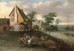 A Landscape With Farm Labourers, Their Horses And Wagons, Buildingsbeyond by Jan Brueghel the Younger