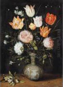 A Still Life Of Flowers
Including Roses, Tulips, Forget-me-nots And Marigolds In A
Blue-and-white Delft Porcelain Vase, With A Sprig Of Orange Blossom Upon
A Ledge by Jan Brueghel the Younger