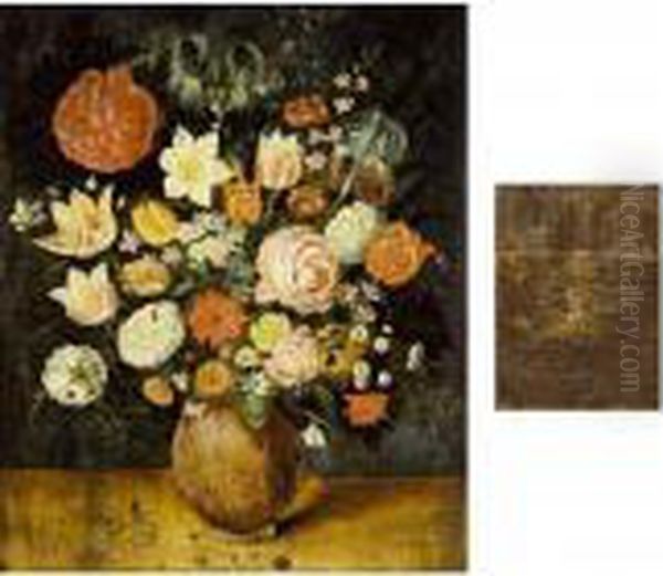 A Still Life With Roses, Tulips,
Irises, A Daffodil, A Poppy Anemone, Marigolds, Red Turban Cup Lilies,
Borage, Violets, Forget-me-nots And Other Flowers, All In A Stone Vase
On A Wooden Ledge - view 1