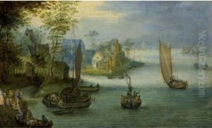 A River Landscape With Sailing 
Boats And Other Vessels, Figures Coming To Shore In The Left Foreground,
 A Village Beyond by Jan Brueghel the Younger