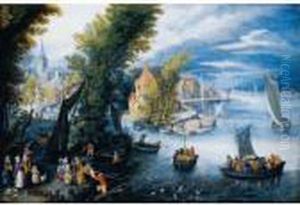 A Village By A River With Peasants Disembarking A Rowing Boat In The Foreground