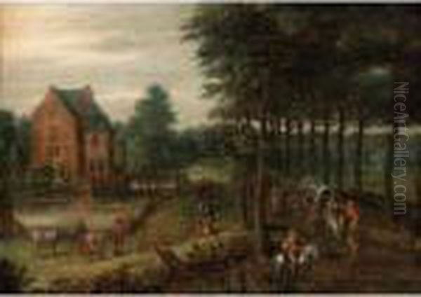A Landscape With A Horse-drawn 
Wagon, Figures On Horse-back And Others Walking On A Path By A Small 
Manor - view 1