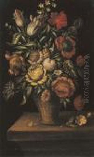 Tulips, Roses, And Other Flowers In A Basket On A Ledge - view 1