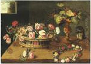 Corbeille Et Couronne De Fleurs Sur Un Entablement by Jan Brueghel the Younger