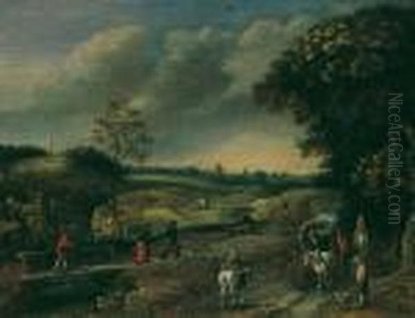 Bewaldete Landschaft Mit Pferdefuhrwerken Und Bauerlicher Staffage - view 1