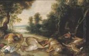 A Wooded River Landscape With A Stag, A Wolf, A Fawn, A Pheasantand Other Dead Game