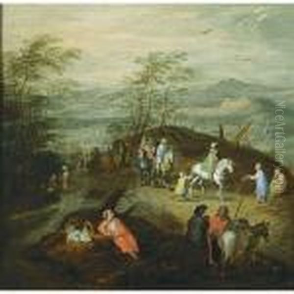An Extensive Hilly Wooded 
Landscape With Horsemen And Gypsies, And Travellers, Horsemen And 
Figures In A Horse-drawn Wagon All On Path In The Background - view 1