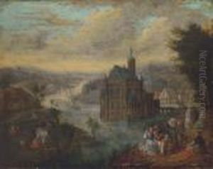 A River Landscape With A Town
And Elegant Company In Theforeground; A Landscape Painted On The Reverse by Jan Brueghel the Younger