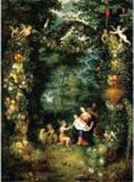 The Holy Family With Saint John,
 In A Landscape Setting, Encircled With A Garland Of Fruit And Flowers - view 1