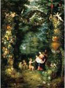 The Holy Family With Saint John,
 In A Landscape Setting, Encircled With A Garland Of Fruit And Flowers by Jan Brueghel the Younger