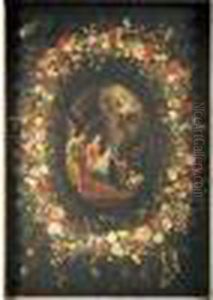 La Nativite Entouree D'une Guirlande De Fleurs by Jan Brueghel the Younger