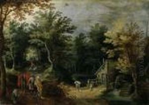Bewaldete Landschaft Mit Wassermuhle Und Wanderern by Jan Brueghel the Younger