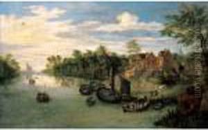 A River Landscape With A Ferry And Small Sailing Vessels Moored Before A Village by Jan Brueghel the Younger