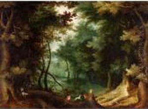 A Wooded Landscape With Hunters And Their Dogs. A Wooded Landscape With Hunters And Their Dogs.