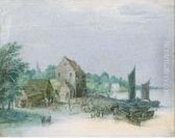 Brueghel The Younger, A River
Landscape With A Village Harbour Scene With Various Figures And Shipping - view 1
