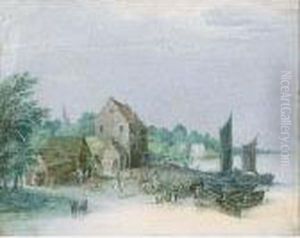 Brueghel The Younger, A River 
Landscape With A Village Harbour Scene With Various Figures And Shipping by Jan Brueghel the Younger
